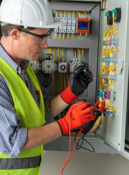 Electrician in front of fuse box