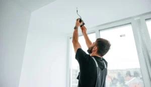 domestic electrician installing lamp