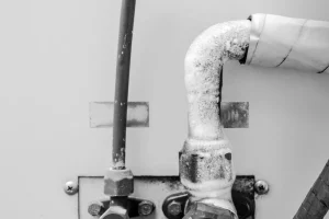 White boiler condensate pipe running down an external wall to a drain in winter